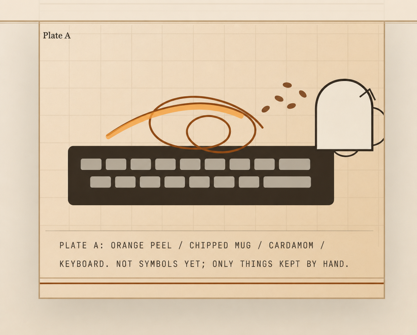 Engraved plate of the orange peel, chipped mug, cardamom, and keyboard